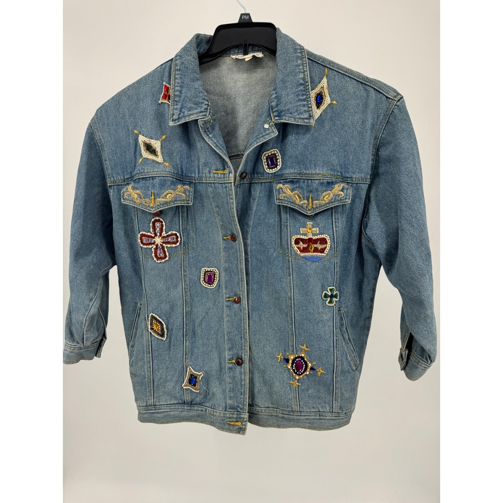 Vintage Cedars Denim Jacket Jeans Set Jeweled Beaded Women 28 Blue Crown - Picture 3 of 16